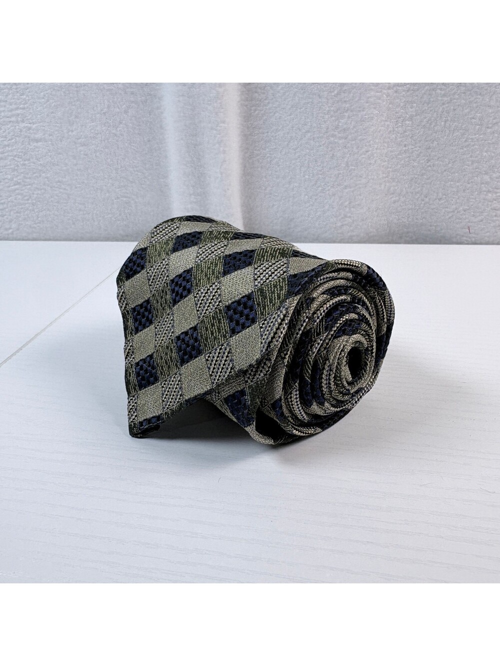 Hickey Freeman Hand-Folded Italian Silk Tie Olive Navy Check Made in USA